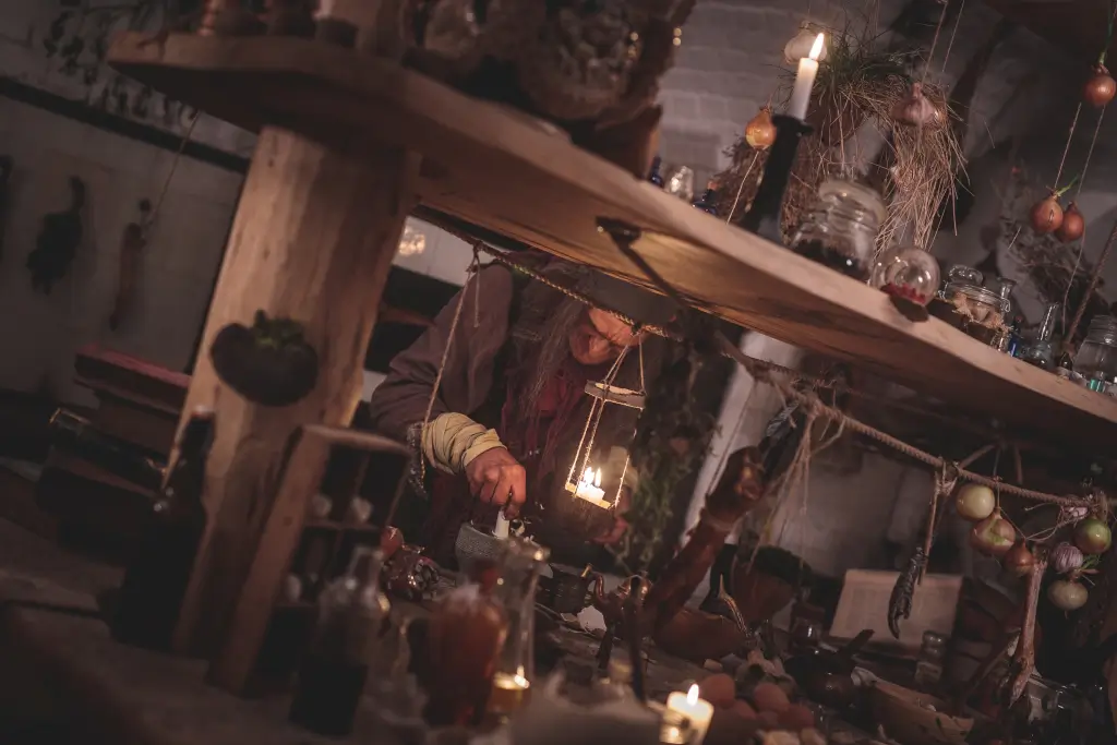 Stół alchemiczny w chatce czarownicy – świece, lampion, fiolki i zioła